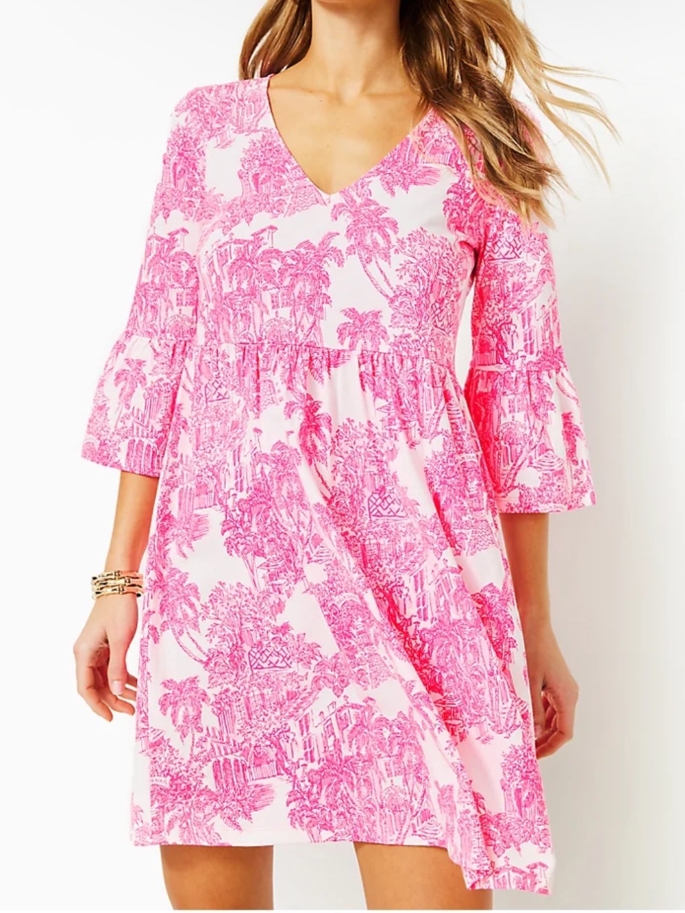Lilly Pulitzer | Jannie V-neck 3/4 Sleeve Dress | Resort Pink White Toile | S